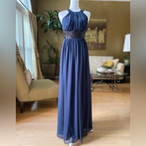 Calvin Klein Navy Blue Halter Maxi Dress with Beaded Waist